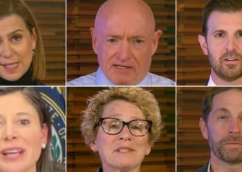 The six Democrats in the video include, from top row, left to right, Sen. Elissa Slotkin of Michigan, Sen. Mark Kelly of Arizona, and four House members, including Reps. Chris Deluzio of Pennsylvania, Maggie Goodlander of New Hampshire, Chrissy Houlahan of Pennsylvania, and Jason Crow of Colorado.