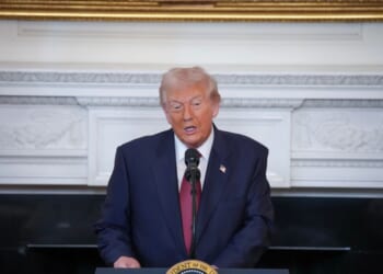 President Donald Trump speaks with Senate Republicans at a breakfast in the State Dining Room of the White House on Nov. 5, 2025, in Washington, D.C.