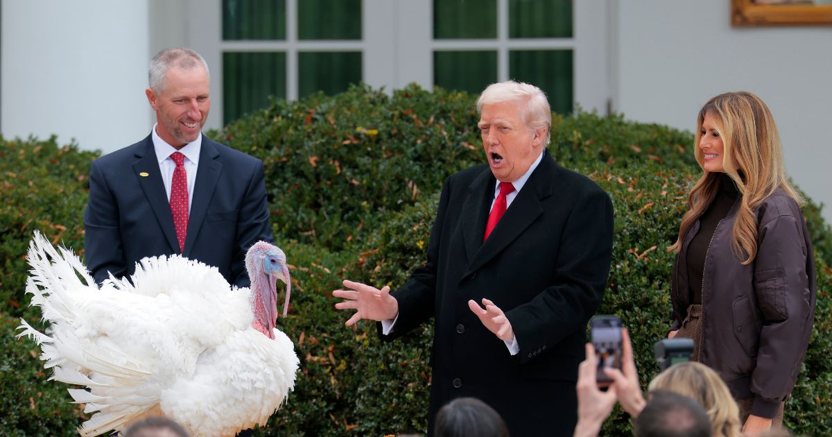 President Donald Trump pardons National Thanksgiving Turkey Gobble alongside First Lady Melania Trump during the 78th annual National Thanksgiving Turkey Presentation in the Rose Garden of the White House on Nov. 25, 2025, in Washington, D.C.