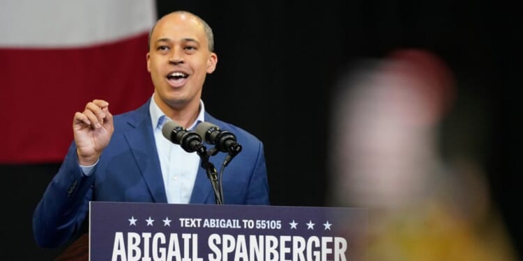 Democratic candidate for Attorney General Jay Jones gives a speech during a rally in Norfolk, Virginia, on Nov. 1, 2025.