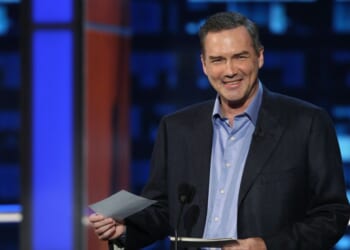 Comedian Norm Macdonald on stage at the "Comedy Central Roast Of Bob Saget" on the Warner Brothers Lot on Aug. 3, 2008, in Burbank, California.