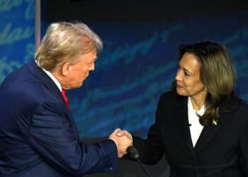 Vice President Kamala Harris shakes hands with President Donald Trump during a presidential debate at the National Constitution Center in Philadelphia, Pennsylvania, on Sept. 10, 2024.