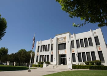 Afternoon sunlight shines on the historic downtown high school in Taft, California, on Sept. 20, 2024.