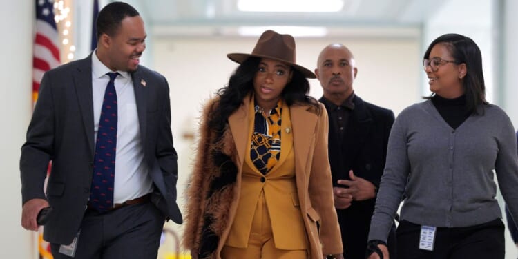 Democrat Rep. Jasmine Crockett arrives at a closed-door deposition with former Special Counsel Jack Smith at the Rayburn House Office Building in Washington, DC on Dec. 17, 2025.