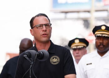 Pennsylvania Gov. Josh Shapiro speaks to members of the media near a collapsed portion of Interstate 95, caused by a large vehicle fire, in Philadelphia, Pennsylvania, on June 11, 2023.