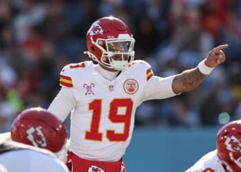 Chris Oladokun of the Kansas City Chiefs points before the snap of the ball in the second quarter of the game against the Tennessee Titans at Nissan Stadium on Dec. 21, 2025, in Nashville, Tennessee.