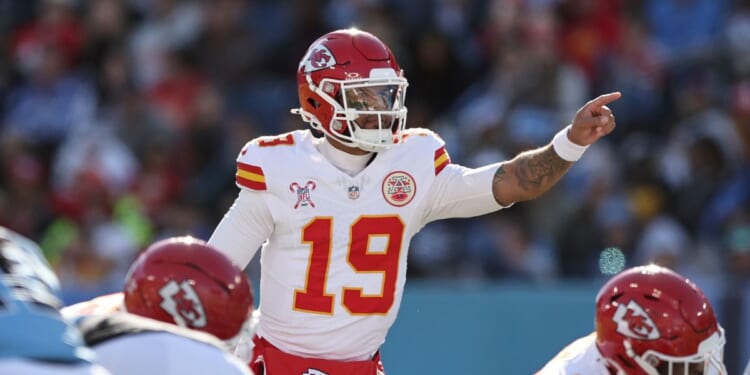 Chris Oladokun of the Kansas City Chiefs points before the snap of the ball in the second quarter of the game against the Tennessee Titans at Nissan Stadium on Dec. 21, 2025, in Nashville, Tennessee.