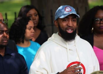 Co-founder of Until Freedom Mysonne Linen speaks at a news conference at Park Row in New York City on May 11, 2023.