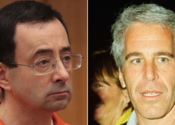 Some of the nation's largest -- and most Trump-hating -- news outlets were quick to publish the story before the Department of Justice clarified that the letter purporting to be from convicted pedophile Jeffrey Epstein, right, to convicted sexual abuser Larry Nassar, left, had been deemed fake.