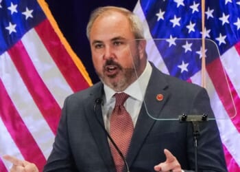 Florida State Senator and newly elected RNC Chairman Joe Gruters gives his acceptance speech during the General Session of the Republican National Committee Summer Meeting in Atlanta, Georgia, on Aug. 22, 2025.