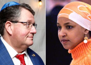 GOP Rep. Randy Fine of Florida, left, said he is "actively considering" forcing a vote to expel Rep. Ilhan Omar of Minnesota from Congress. Omar, right, called Fine "a disgusting, violent racist" and said he should be removed from Congress.