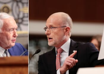 Massachusetts Democratic Sen. Ed Markey, left, was eager for FCC Commissioner Brendan Carr, right, to stop reading aloud the letter Markey had written in 2018.