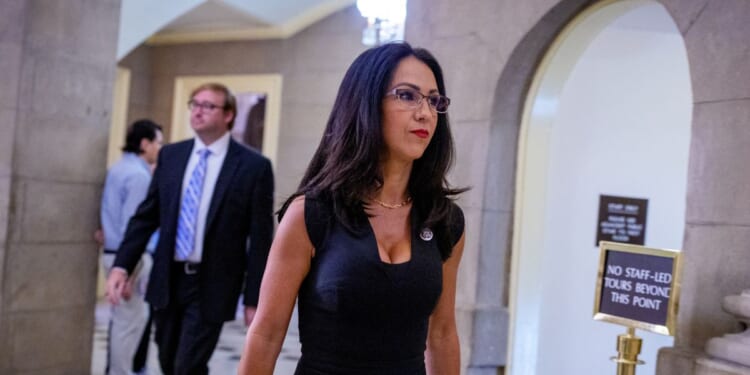 Rep. Lauren Boebert walks into the office of Speaker of the House Mike Johnson at the U.S. Capitol Building on July 2, 2025 in Washington, DC.