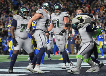 Seattle Seahawks tight end Eric Saubert celebrates after successfully scoring a two-point conversion in the overtime of a contest against the Los Angeles Rams on Dec. 18, 2025 in Seattle.