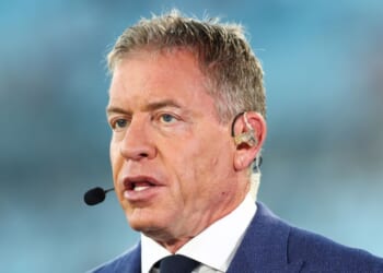 ESPN Broadcaster Troy Aikman looks on before the game between the Jacksonville Jaguars and the Kansas City Chiefs at EverBank Stadium on Oct. 6, 2025, in Jacksonville, Florida.