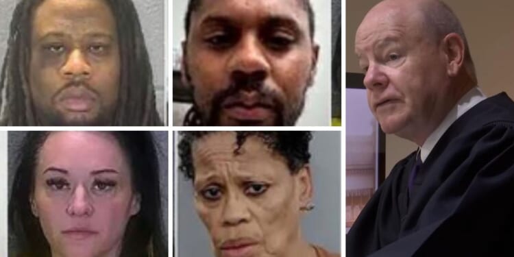 The four suspects at left were arrested in connection with the Sunday shooting of Judge Steven Meyer, right.