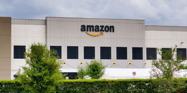 An Amazon warehouse facility storefront exterior in Houston, Texas, on April 4, 2021.