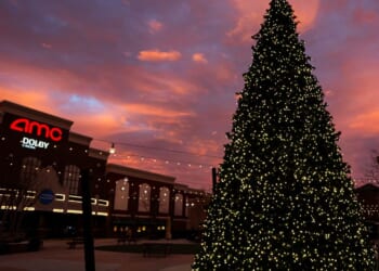 A Christmas tree outside of the AMC Southpoint 17 movie theatre, which features IMAX and Dolby Cinema, at the Streets at Southpoint mall during holiday shopping rush ahead of Christmas, on Dec. 22, 2025, in Durham, North Carolina.