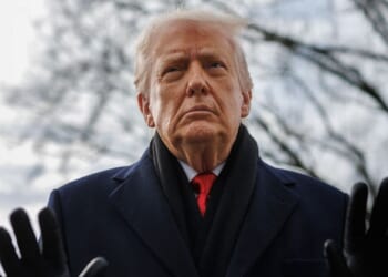 President Donald Trump speaks to reporters on the South Lawn of the White House in Washington, DC before boarding Marine One on Jan. 16, 2026.