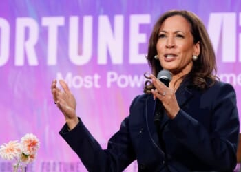 Former Vice President Kamala Harris speaks onstage during the Fortune Most Powerful Women Gala 2025 at Washington National Cathedral on Oct. 14, 2025, in Washington, D.C.