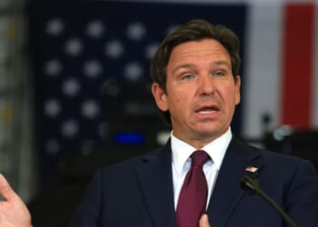 Florida Gov. Ron DeSantis speaks during a news conference held at the ICE Enforcement and Removal Operation office on May 1, 2025, in Miramar, Florida.