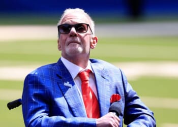 Indianapolis Colts owner Jim Irsay looks on during the ceremony for Dwight Freeney at Lucas Oil Stadium on Sept. 8, 2024, in Indianapolis, Indiana.