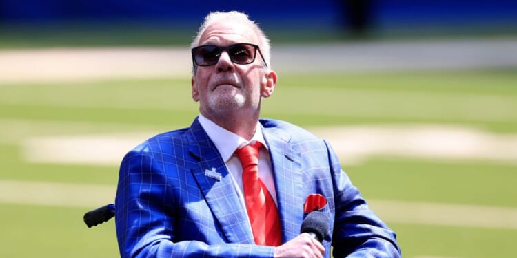 Indianapolis Colts owner Jim Irsay looks on during the ceremony for Dwight Freeney at Lucas Oil Stadium on Sept. 8, 2024, in Indianapolis, Indiana.