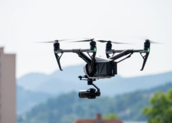 A view of a drone with a camera flying over a city.