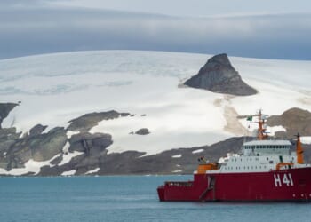 Polar ship Admiral Maximiano at anchor in Admiralty Bay with Nunatak Tern in the background, on Jan. 12, 2020, in King George Island, Antarctica.