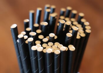 Paper straws sit in a container on the bar at Laurel Tavern on February 7, 2025 in Studio City, California.