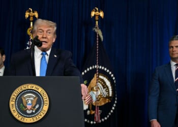 President Donald Trump, alongside Secretary of State Marco Rubio and Secretary of War Pete Hegseth, speaks to the press following U.S. military actions in Venezuela, at his Mar-a-Lago residence in Palm Beach, Florida, on Jan. 3, 2026.