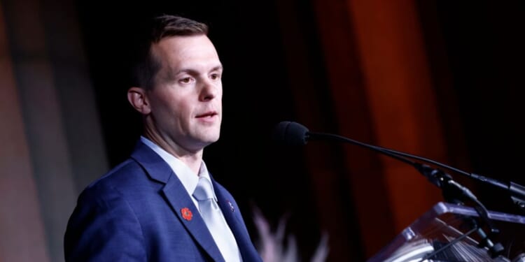 Rep. Jared Golden speaks on stage during Headstrong Washington DC Gala at Andrew W. Mellon Auditorium on Nov. 3, 2021, in Washington, D.C.