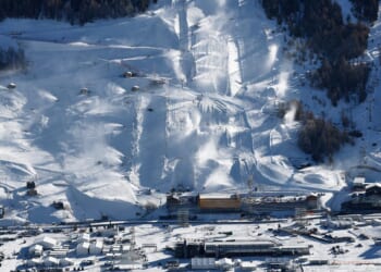 This photo shows the snowboarding and freestyle skiing events which will take place during the upcoming Milan Cortina Winter Olympics in Livigno, Italy, on Saturday, Dec. 27, 2025.