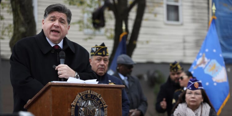 Illinois Governor JB Pritzker delivers a short speech at a ceremony in Chicago, Illinois, on Nov. 11, 2025.