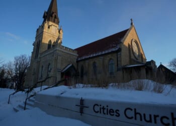 Cities Church where anti-ICE agitators disrupted and ended a church service via intimidation and protesting, causing several children present to cry in terror, in St. Paul, Minnesota, on Jan. 19, 2026.