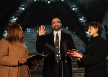 New York Mayor Zohran Mamdani is sword in in the former City Hall subway station on Jan. 1, 2026.