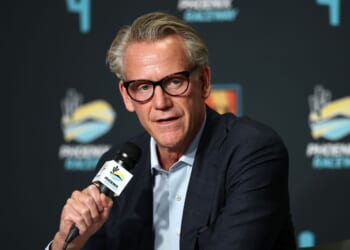 NASCAR Commissioner Steve Phelps speaks to the media during the NASCAR annual "State of the Sport" news conference at Phoenix Raceway on Oct. 31, 2025, in Avondale, Arizona.