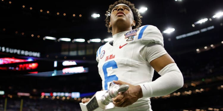 Trinidad Chambliss #6 of the Ole Miss Rebels holds the offensive player of the game trophy after defeating the Georgia Bulldogs during the 2025 College Football Playoff Quarterfinal at the Allstate Sugar Bowl at Caesars Superdome Thursday in New Orleans, Louisiana.