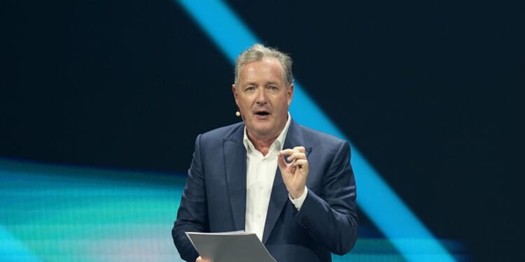 Piers Morgan speaks on stage during the "Founder Operators: Entrepreneurship in the Entertainment Economy" panel at the 2025 Joy Forum at SEF Arena on Oct. 17, 2025, in Riyadh, Saudi Arabia.