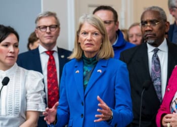 Sen. Lisa Murkowski speaks at a news conference at Christiansborg Palace on Jan. 16, 2026, in Copenhagen, Denmark.