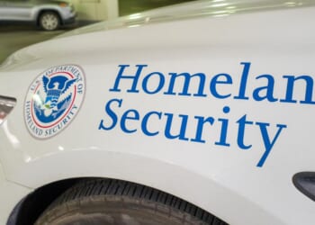 Close-up logo of the Department of Homeland Security on a car in San Francisco on Feb. 25, 2019.