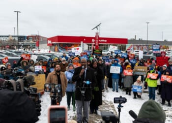 Demonstrators rally outside a Target location on Dec. 4, 2025, in Minneapolis, Minnesota.