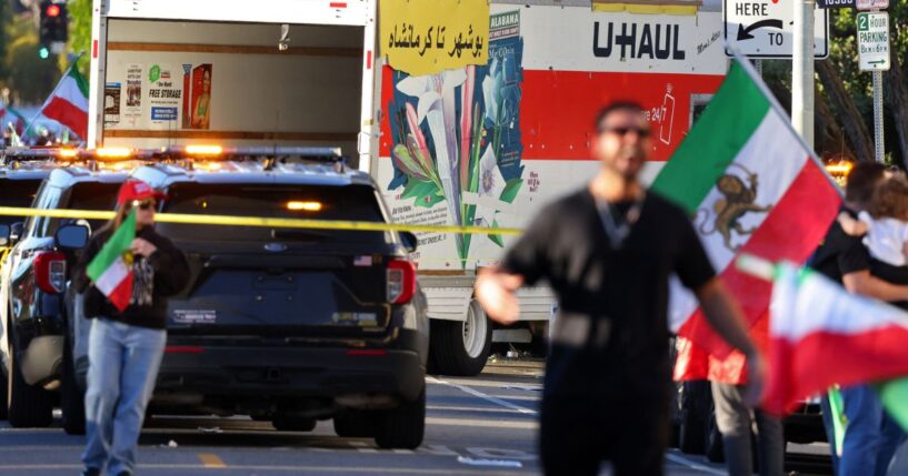 A U-Haul truck that reportedly was driven through an anti-Iranian regime rally on Jan. 11, 2026 in Los Angeles.