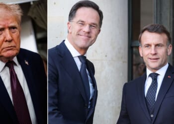 President Donald Trump shared text messages from NATO Secretary-General Mark Rutte and French President Emmanuel Macron, below right, as he prepared to leave for Davos, Switzerland, to meet with world leaders.