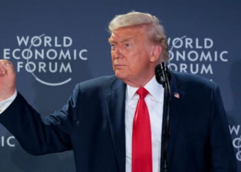 President Donald Trump speaks during a reception for business leaders at the World Economic Forum Annual Meeting on Jan. 21, 2026, in Davos, Switzerland.