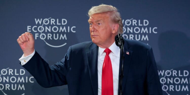 President Donald Trump speaks during a reception for business leaders at the World Economic Forum Annual Meeting on Jan. 21, 2026, in Davos, Switzerland.