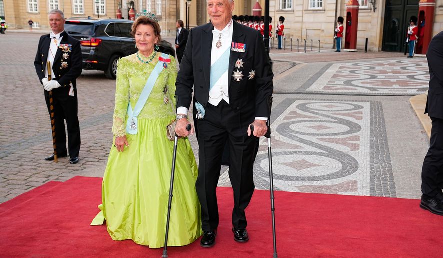 Norway's King Harald and Queen Sonja arrive to the dinner at Amalienborg Castle in Copenhagen, Thursday June 15, 2023. (Mads Claus Rasmussen/Ritzau Scanpix via AP, File)