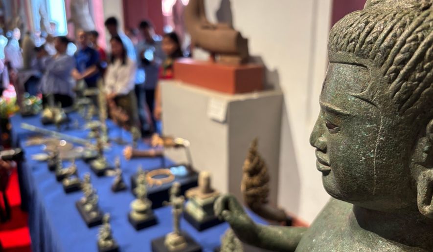 Khmer cultural artifacts that were returned to Cambodia on display at the National Museum, in Phnom Penh, Friday, Feb. 27, 2026. (AP Photo/Sopheng Cheang)