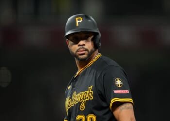 Tommy Pham of the Pittsburgh Pirates looks on during a baseball game against the Cincinnati Reds at Great American Ball Park on Sept. 24, 2025, in Cincinnati, Ohio.