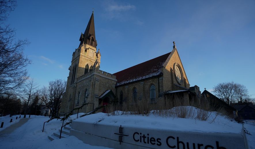Cities Church is seen in St. Paul, Minn., where activists shut down a service and asserted that the pastor was also working as an ICE agent, Monday, Jan. 19, 2026, in St. Paul, Minn. (AP Photo/Angelina Katsanis)